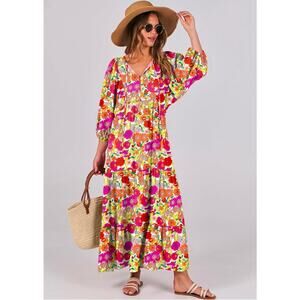 Boho tiered ruffle Maxi floral Puff sleeve Art to wear hippie dress Size XL